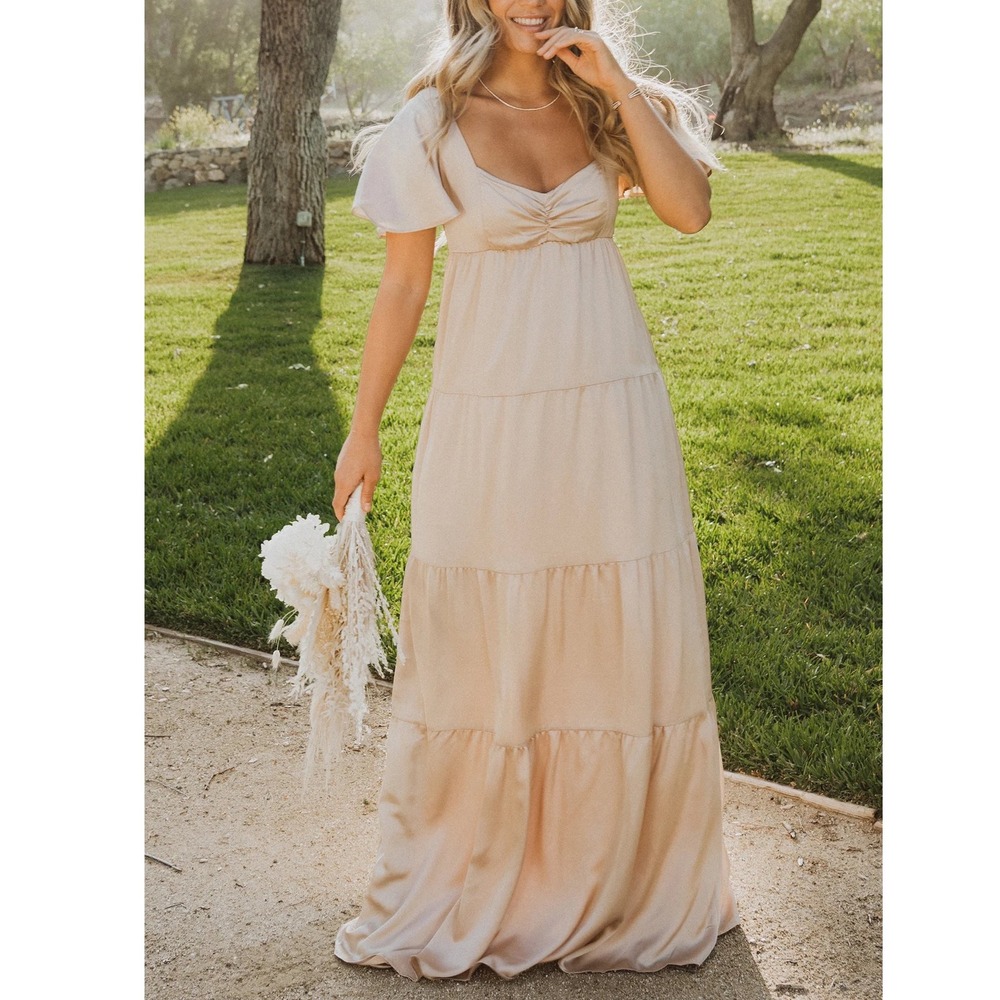 Show Me Your Mumu Nicole Maxi Dress in Champaign Luxe Satin Beige Smocked Size M